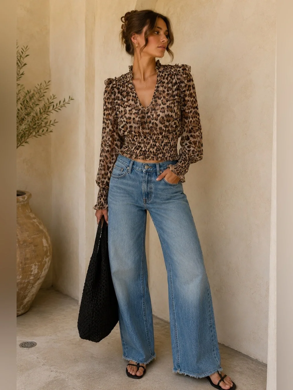 Free People Twyla Leopard Mesh Smocked Blouse Top XS Boho Romantic